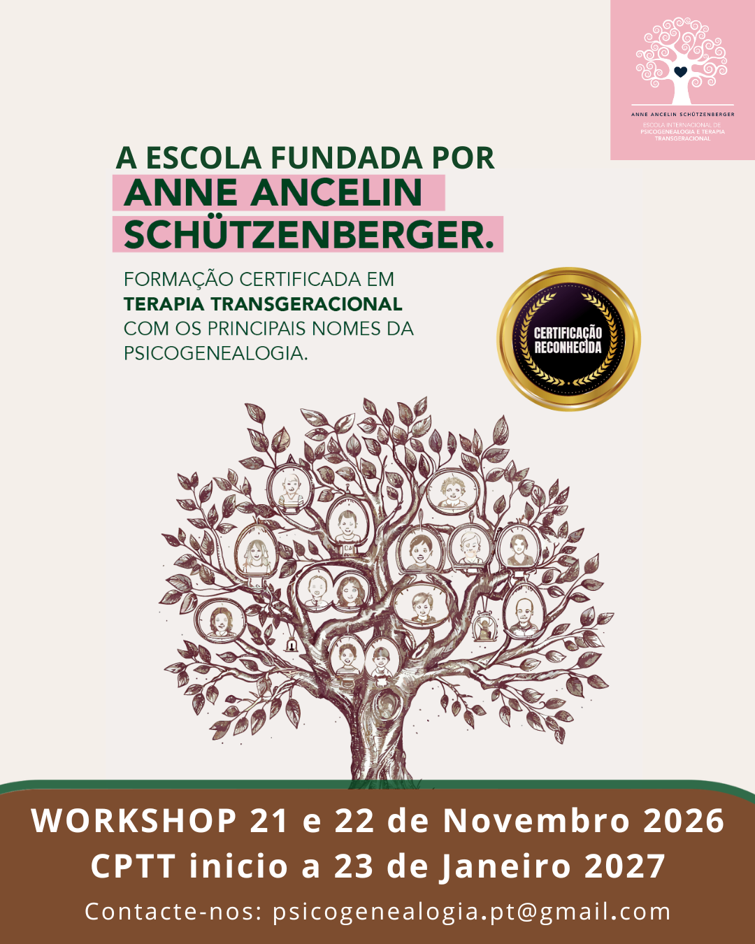 Flyer da Escola fundada por Anne Ancelin Schützenberger — Workshop a 21 e 22 de novembro de 2026 e CPTT com início a 23 de janeiro de 2027