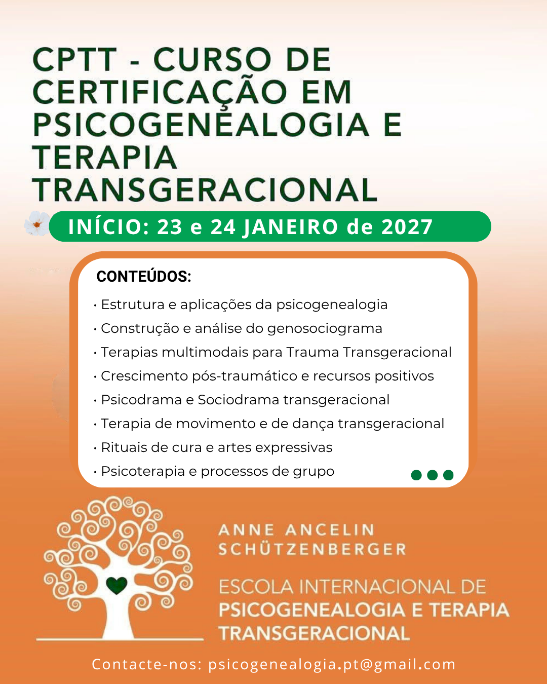 Flyer do CPTT — Curso de Certificação em Psicogenealogia e Terapia Transgeracional, início a 23 e 24 de janeiro de 2027